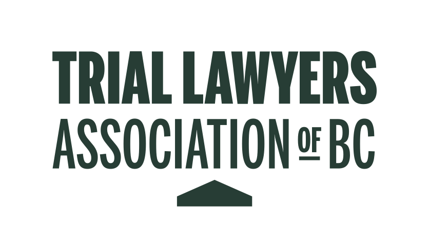 Logo for the Trial Lawyers Association of BC with green text on a black background.