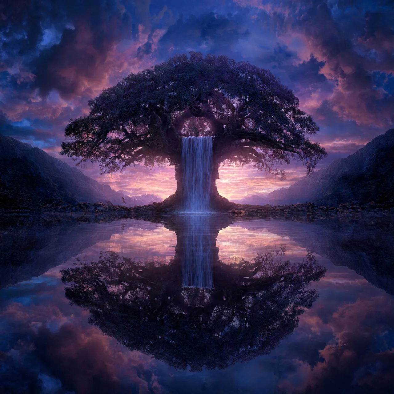 A large tree with purple leaves is shaped like an umbrella, with a waterfall flowing from its canopy into a calm lake below. The scene is set during twilight with colorful clouds and mountains in the background, and the reflection of the tree and sky is visible in the water.