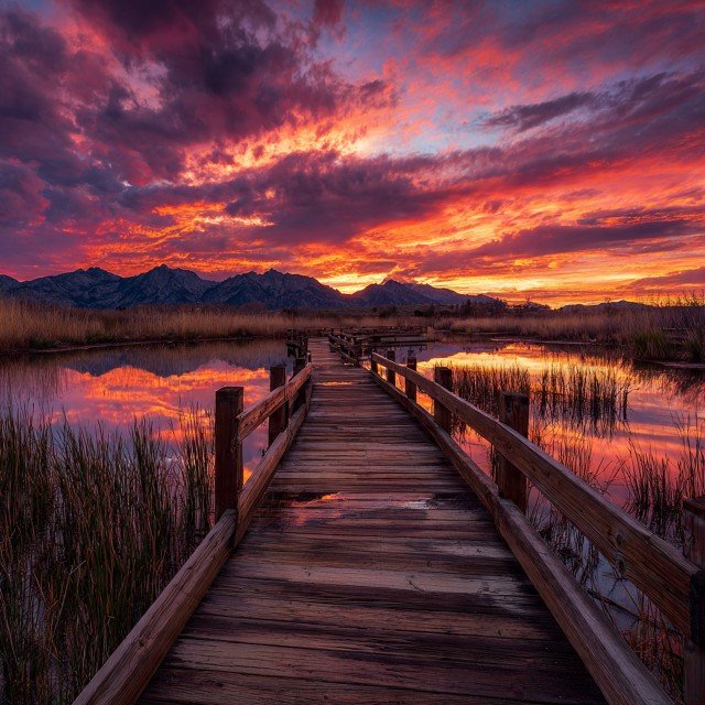 Wooden pier extending over calm water with colorful sunset sky and mountains in the background.