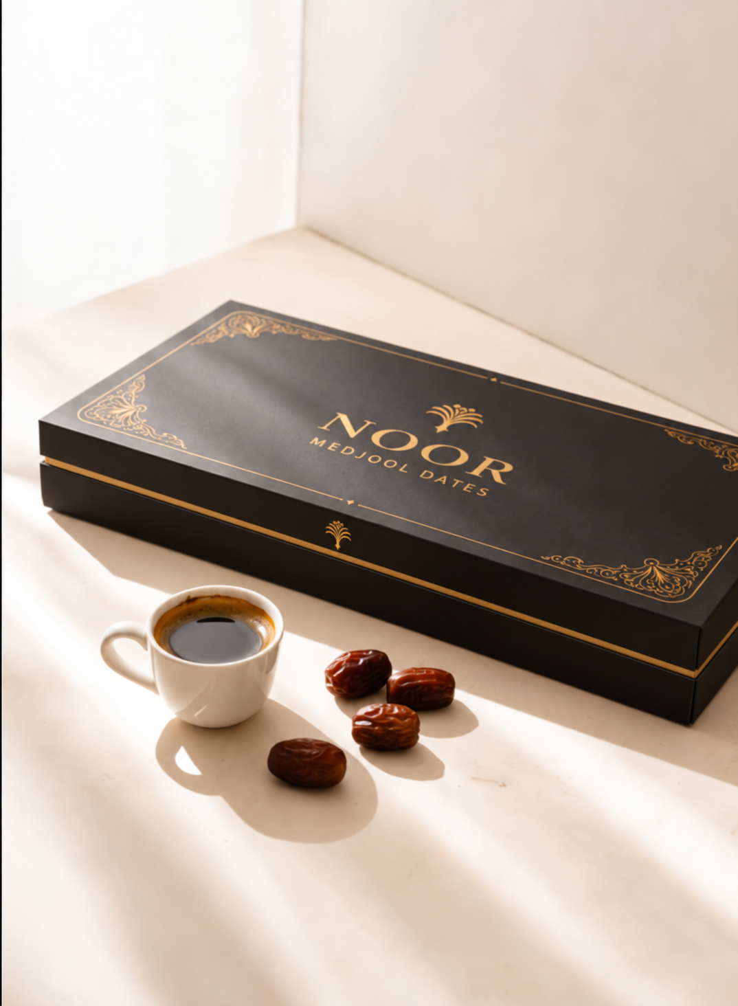 NOOR Medjool date gift box with coffee and dates on a light table