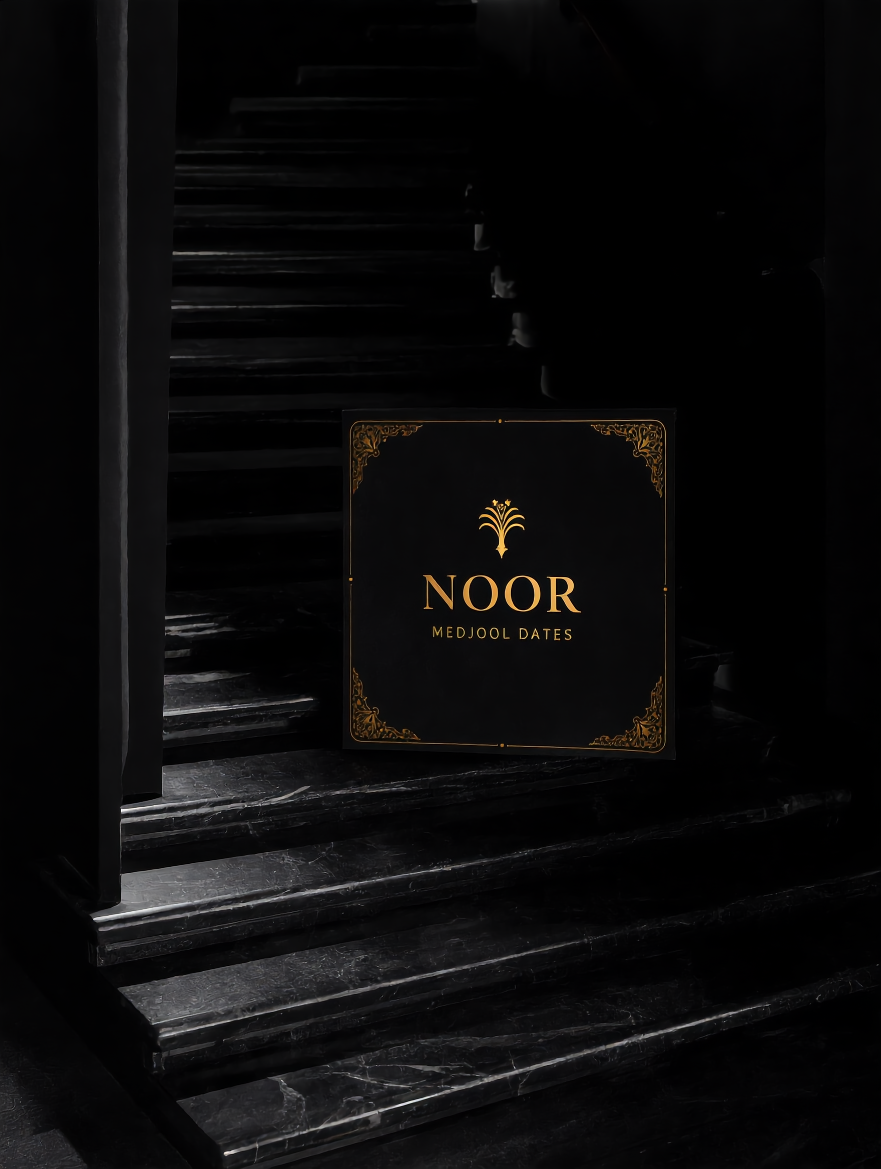 NOOR black and gold Medjool date gift box displayed upright on dark steps