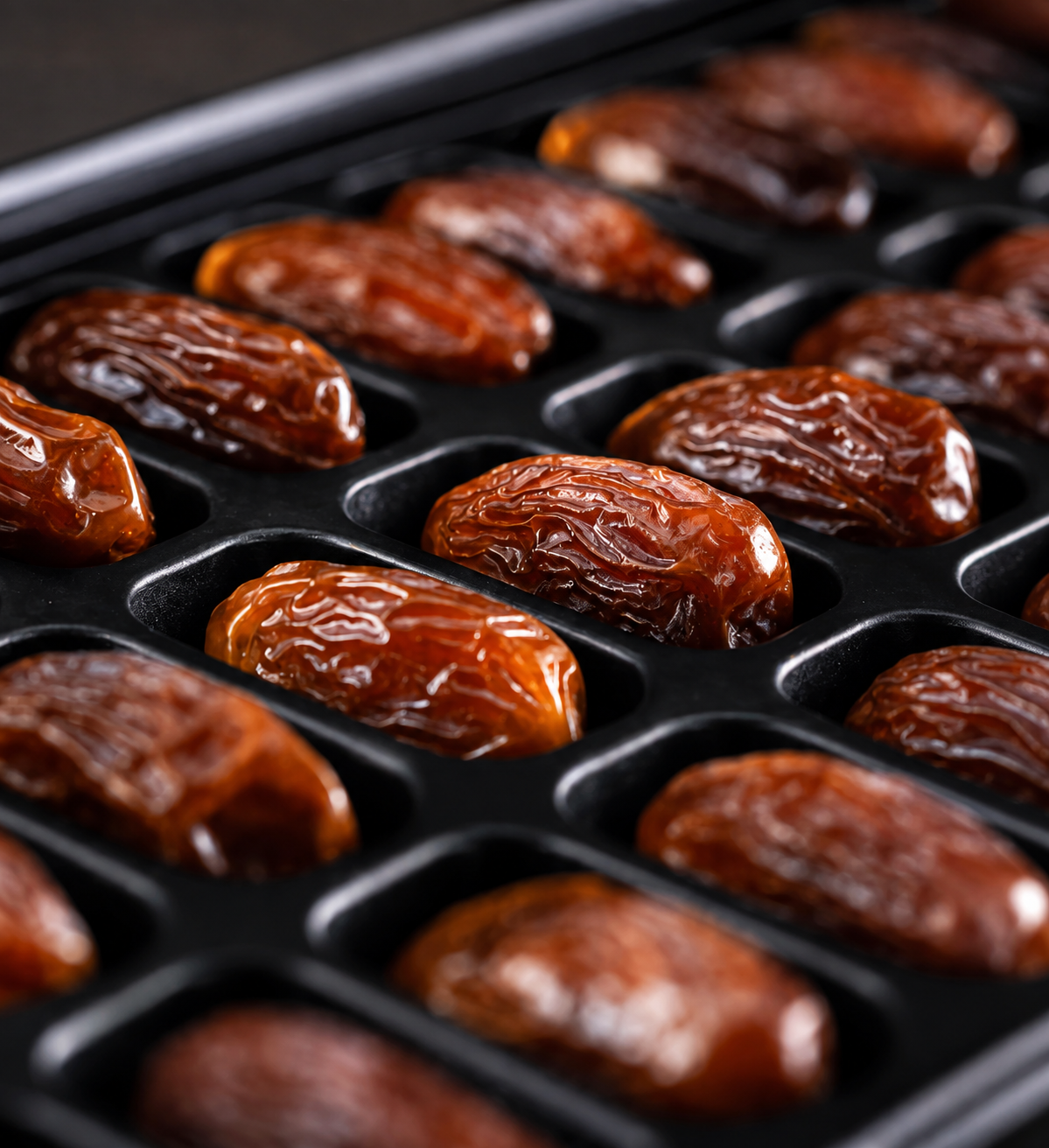 Whole Medjool dates arranged in NOOR’s black presentation tray