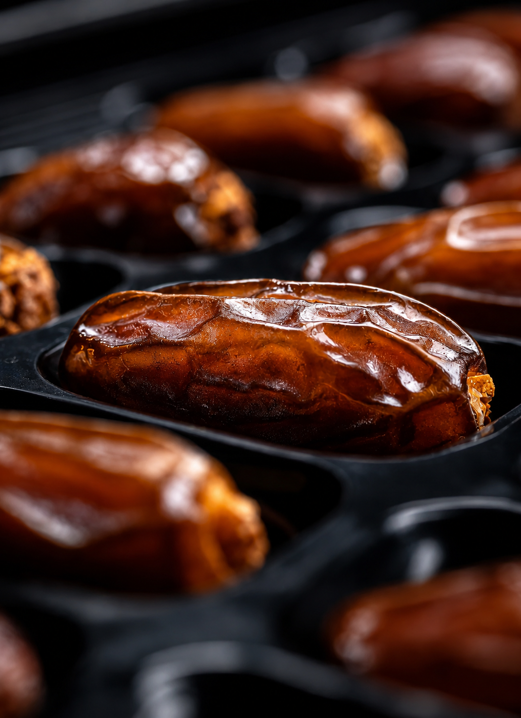 Close-up of whole Medjool dates in the NOOR gift box tray