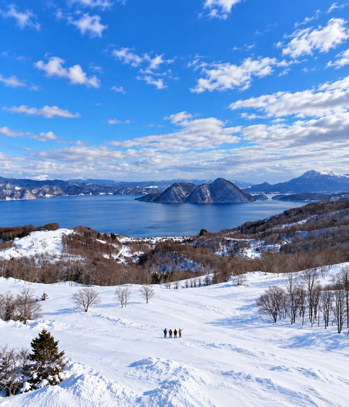 Property development team inspecting a potential hotel site overlooking Lake Toya in Hokkaido, Japan.