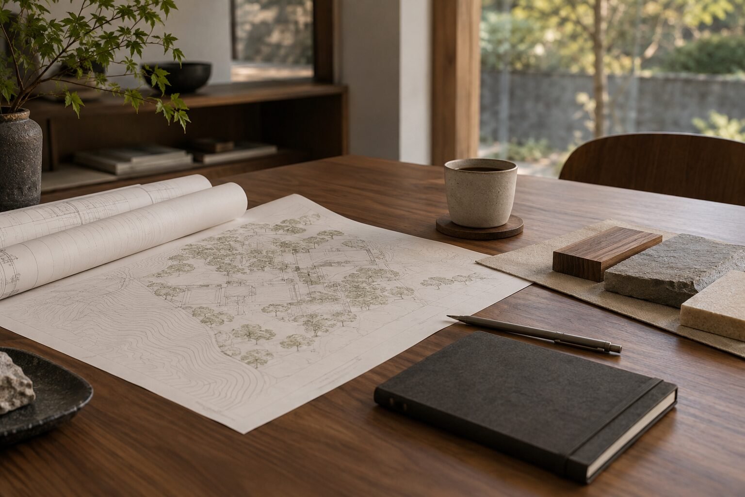 Architectural plans and natural material samples for Japan property research