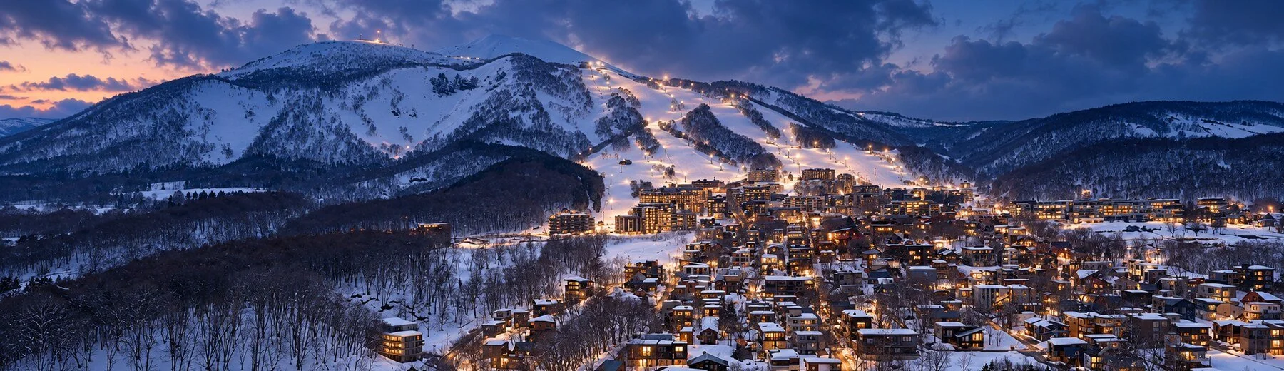 Illuminated Grand Hirafu ski resort and village in Niseko, Hokkaido, at blue hour.