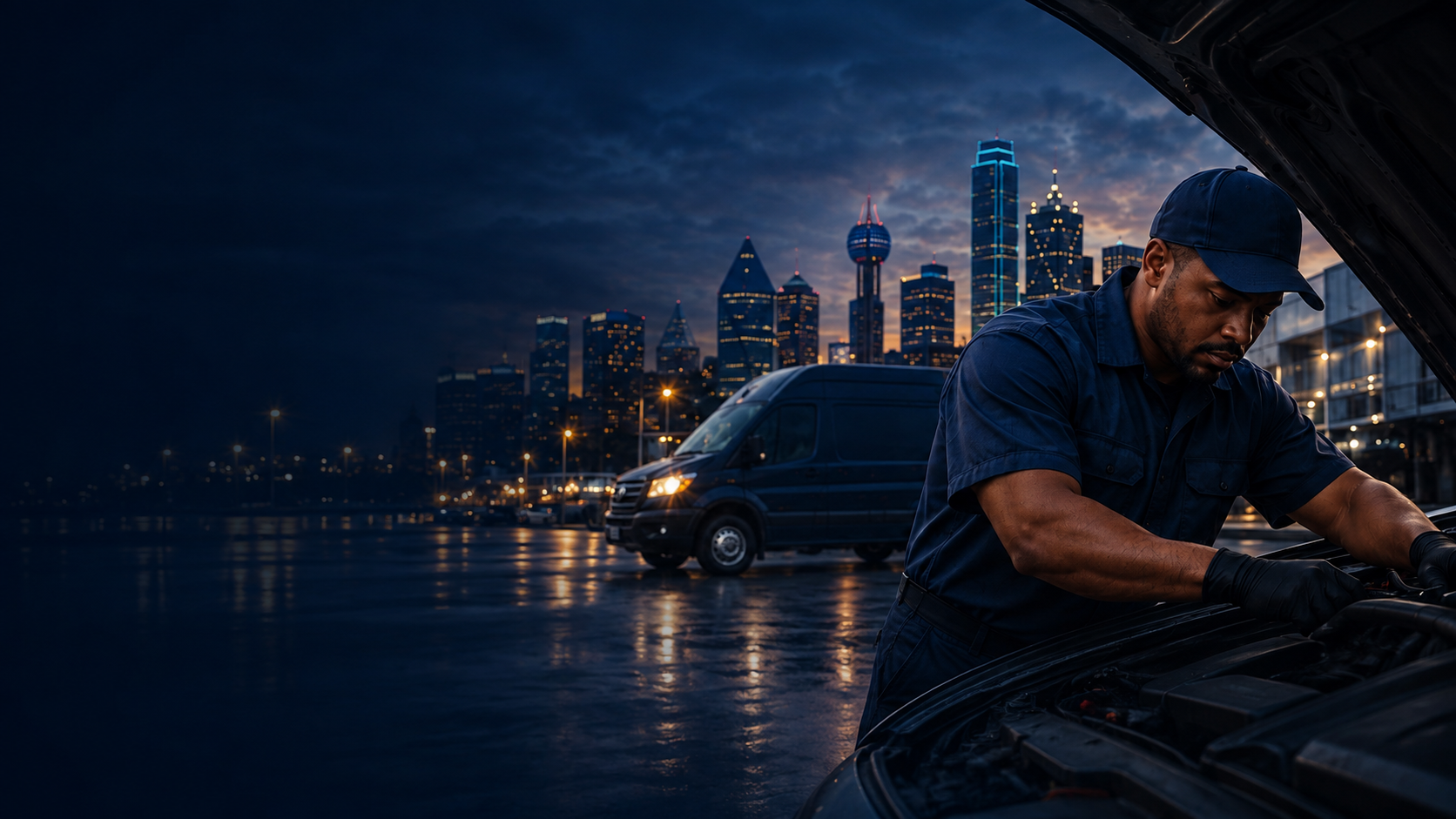 A mechanic working under the hood of a car at night with a city skyline lit up in the background and a van parked nearby.