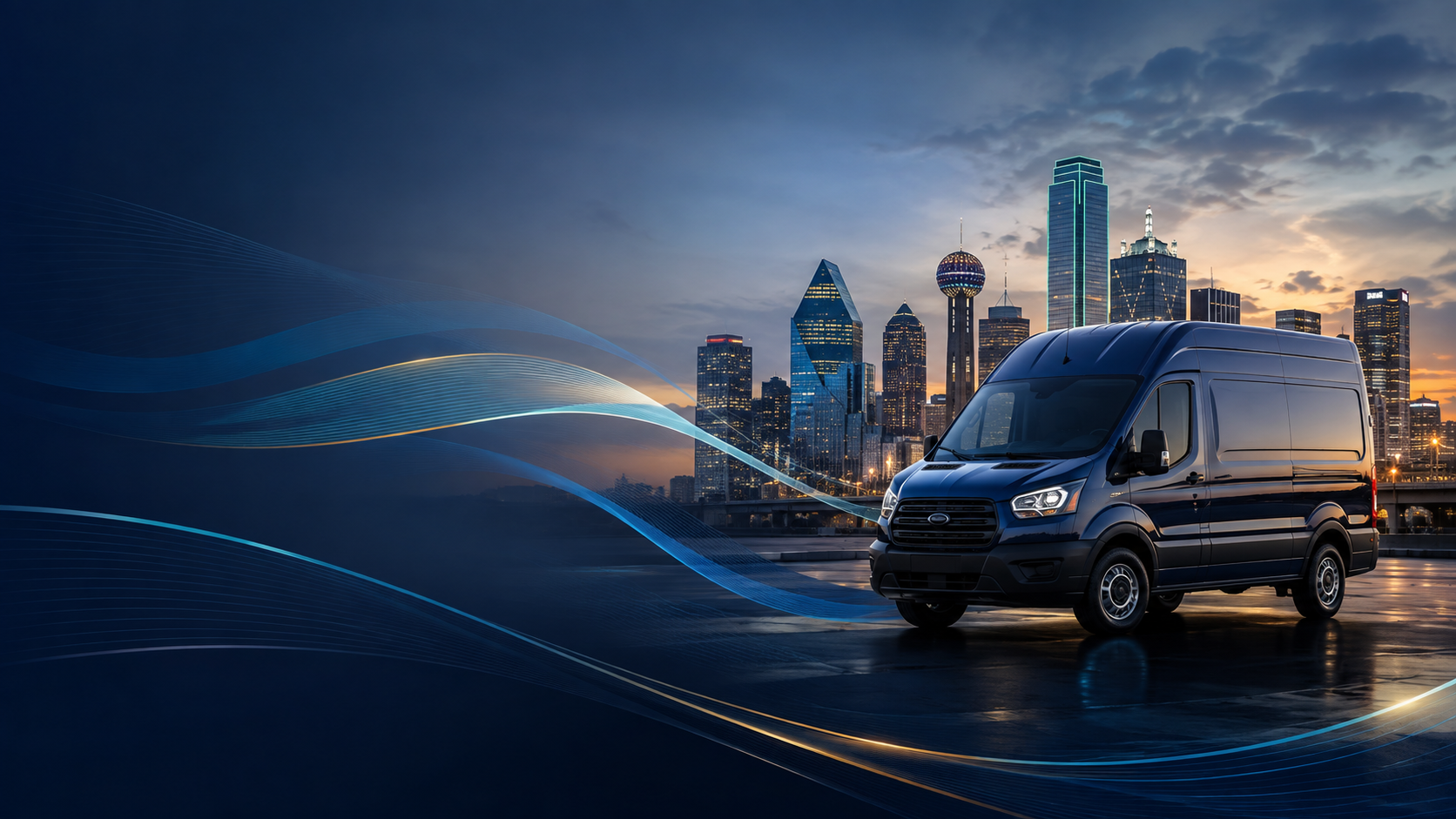 A black delivery van parked on a city rooftop at sunset with a city skyline in the background and digital graphic lines flowing across the image.