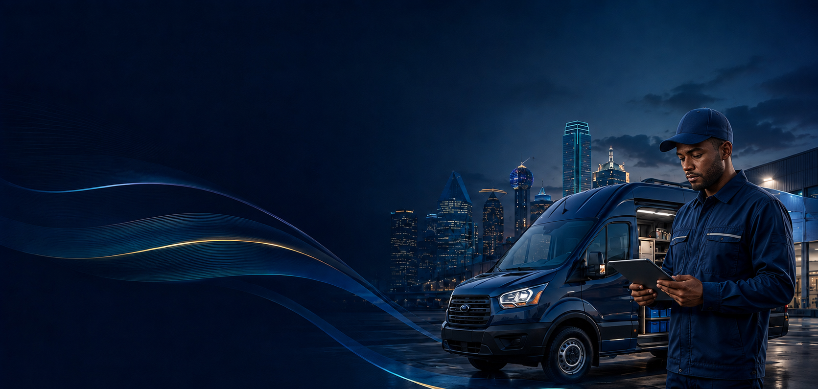 A delivery driver in navy blue uniform and cap using a tablet in front of a black delivery van with a city skyline at night in the background.