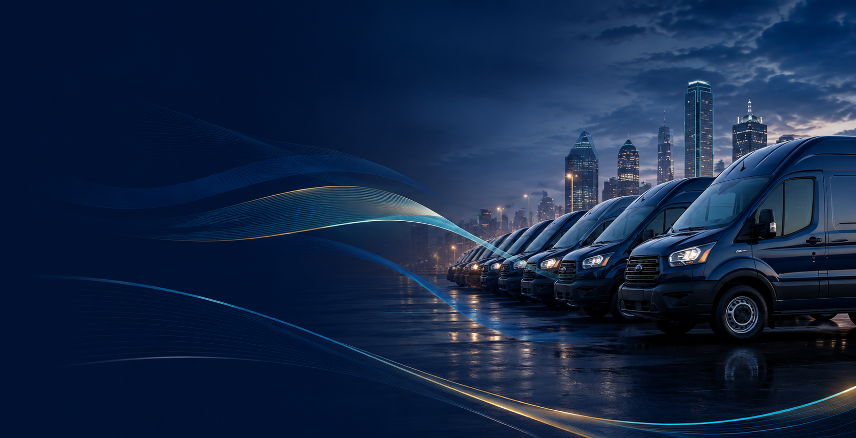 A row of dark blue delivery vans parked on a wet surface at night with a city skyline in the background.