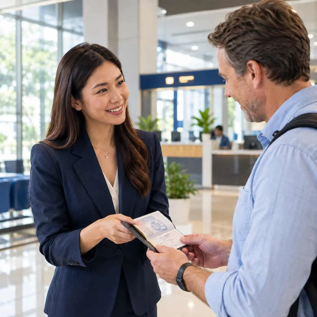 A woman in a navy blazer and a man in a light blue shirt exchanging a passport in a modern, well-lit airport lobby with large windows and a check-in counter in the background.