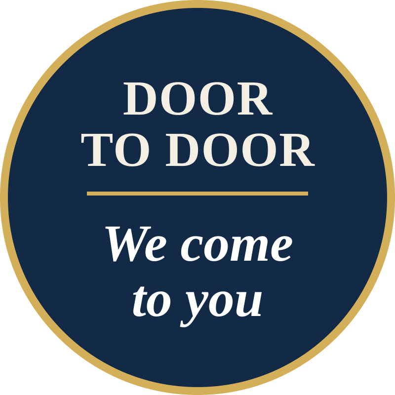 A round sign with a dark blue background and a gold border. The sign displays the text 'DOOR TO DOOR' at the top and 'We come to you' beneath, separated by a horizontal line.