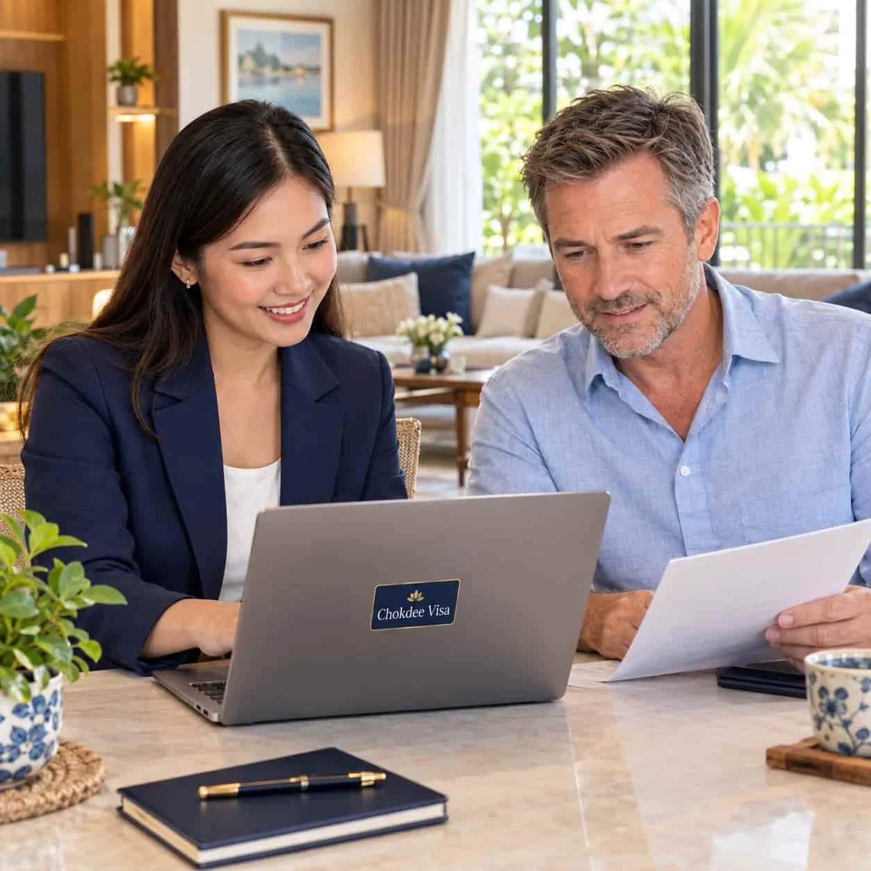 A woman and a man looking at a laptop and a sheet of paper in a well-lit, decorated home or office setting with plants and artwork.