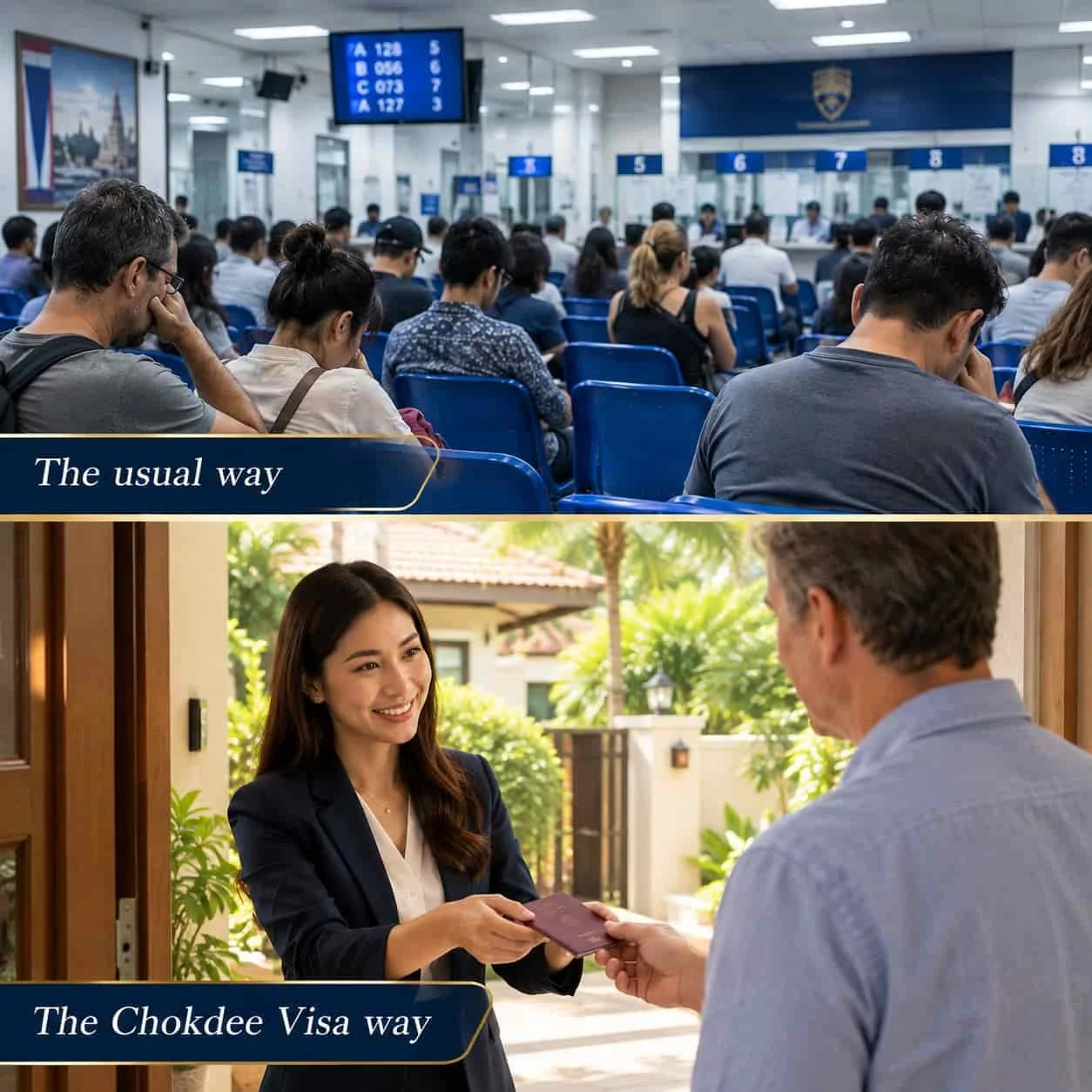 A split image showing two different ways of applying for a visa. The top part depicts a crowded waiting area at a government office or embassy with people seated, some with heads bowed or on their phones, and a digital board displaying flight or queue information. The bottom part shows a woman handing a passport and documents to a man at a residence or outdoor location, with greenery in the background, indicating a more personal or direct visa application process.
