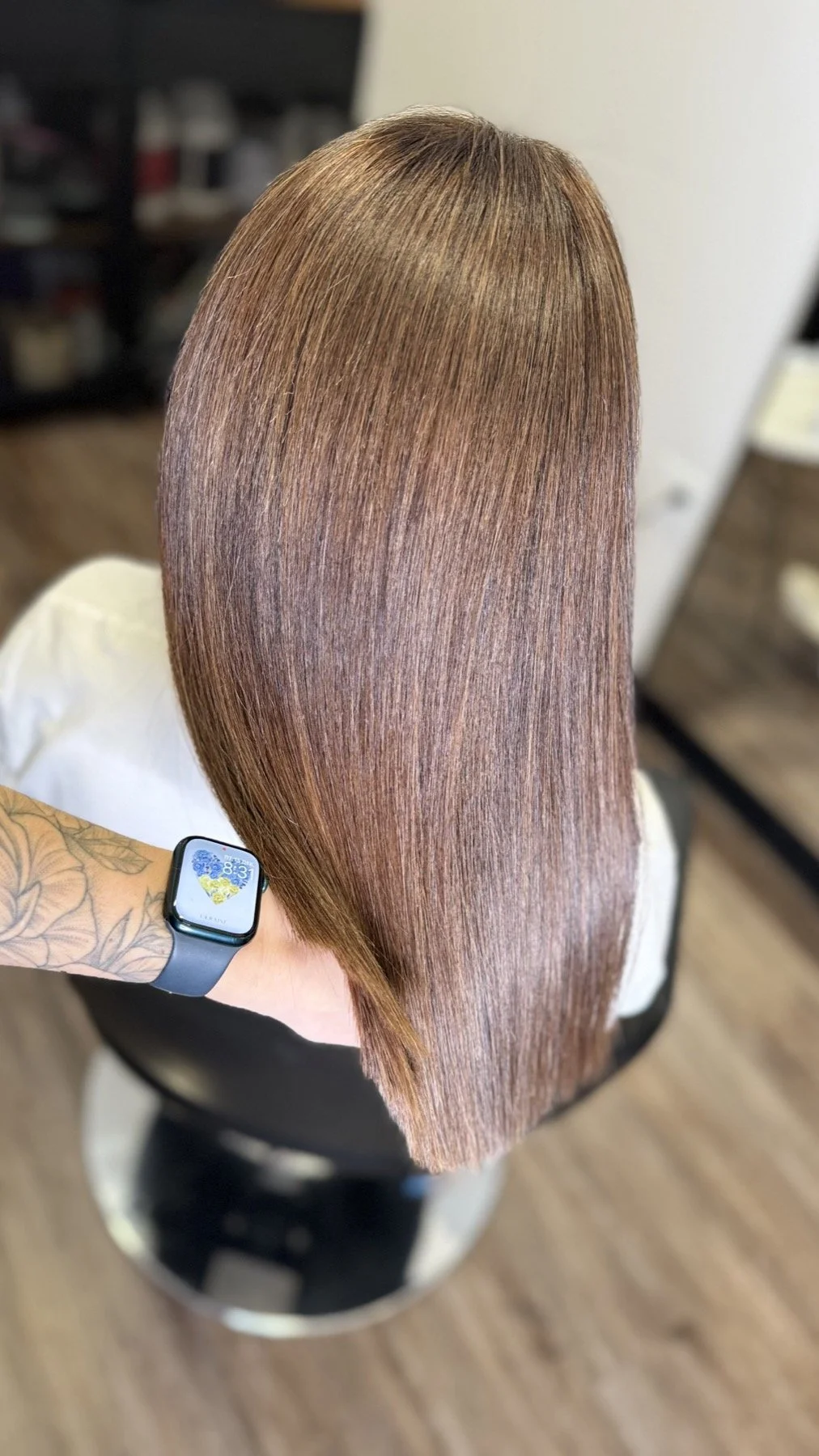 Long warm brunette hair color by Anna Stalmakova