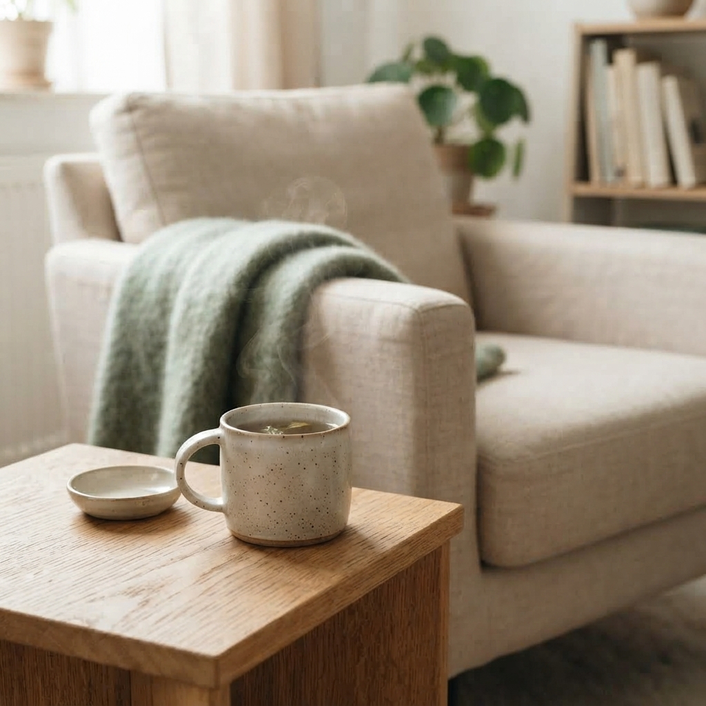En kopp med varm drikke og en liten skål på et trebord i et stue med beige sofa og grønn plante i bakgrunnen.