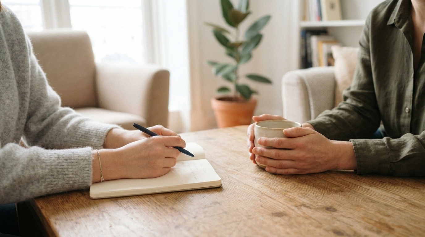 To personer sitter ved et trebord i et rom, en person skriver i en notatbok, den andre holder en kopp.