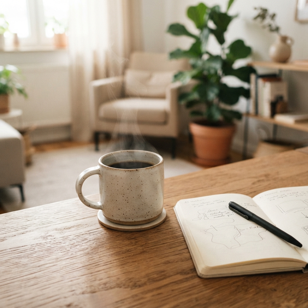En kopp med varm kaffe, en åpen notatbok med skisser og en penn på et trebord i stuen. I bakgrunnen finnes det en sofa, en plante og hyller med bøker og dekorasjoner.