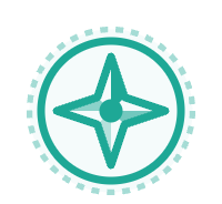 Et kompass symbol med en rund, tannet kant, farget i nyanser av grønt.