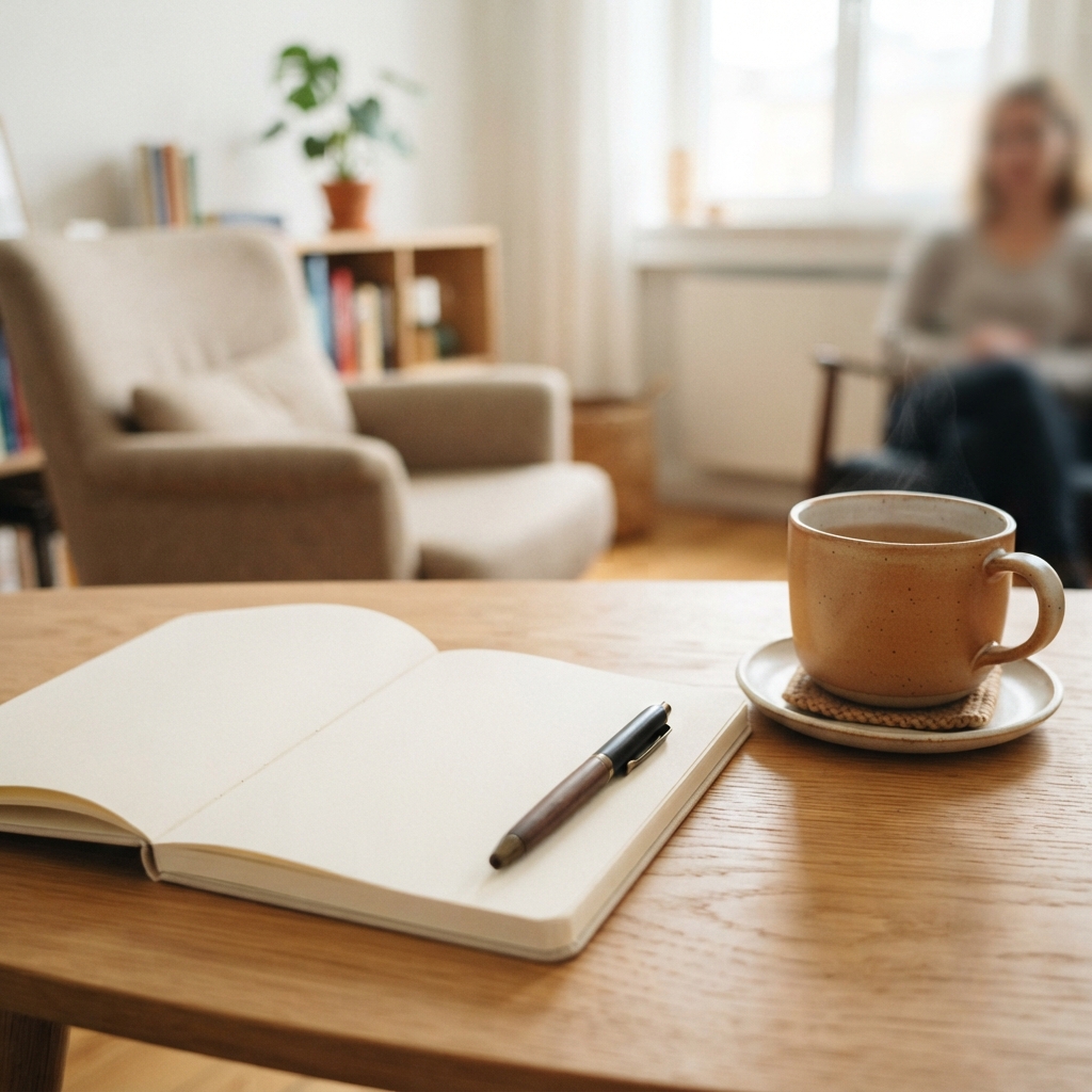 En åpen notatbok med kulepenn, en kopp te eller kaffe på en tallerken med en underlagsmatte, og et rom med komfortable stoler og bøker i bakgrunnen.