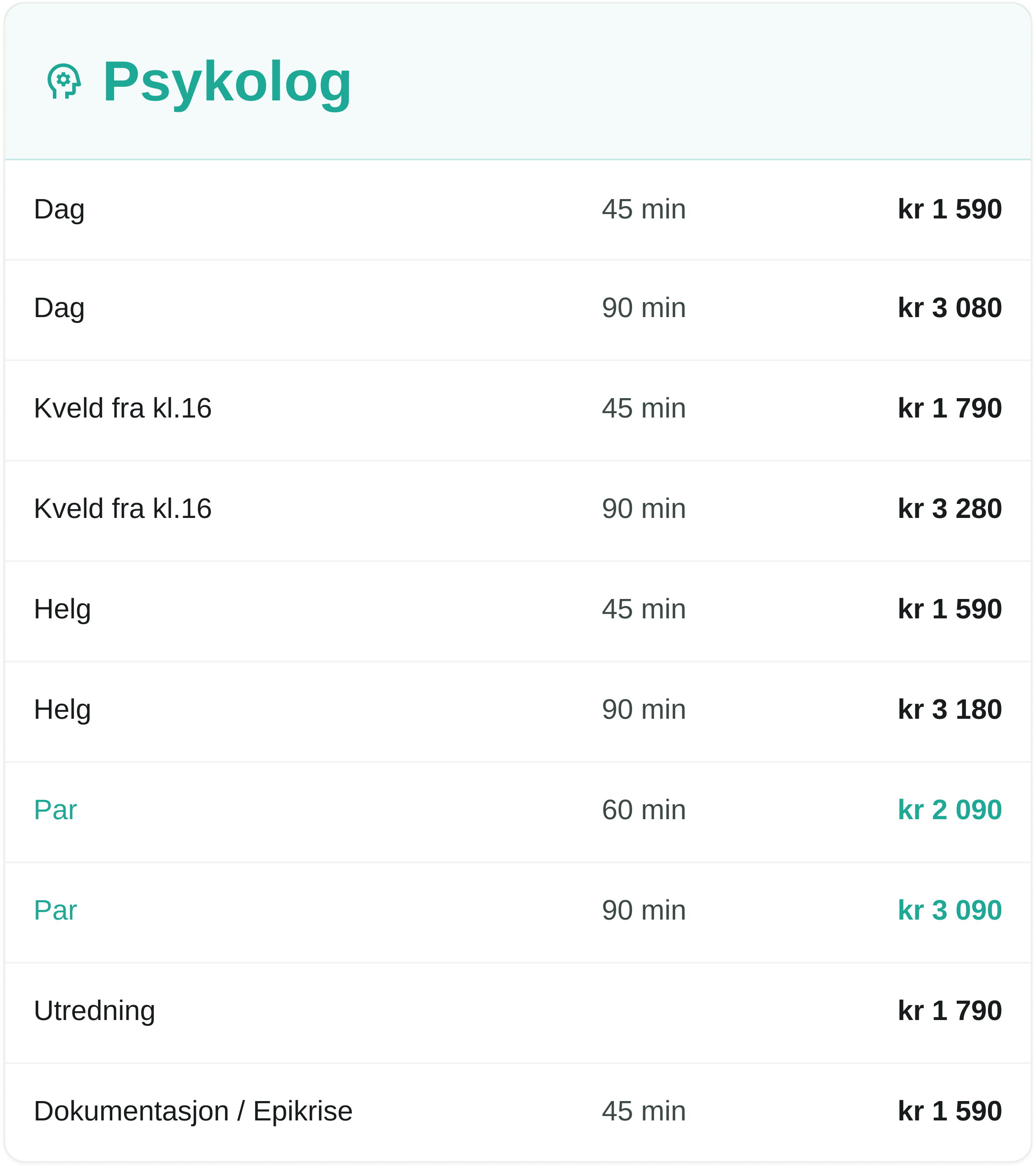 Prisliste for psykologistjenester med ulike behandlingstimer, priser og tidspunkt, inkludert dag-, kveld-, helg- og utredningstjenester.