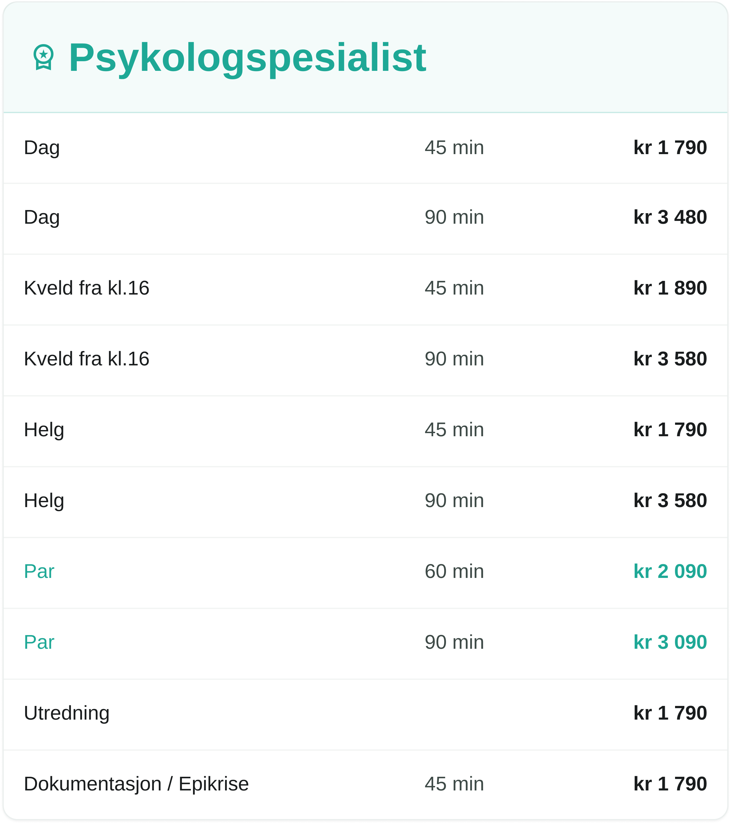 Prisoversikt for psykologtjenester med ulike behandlingstider og priser i norske kroner.