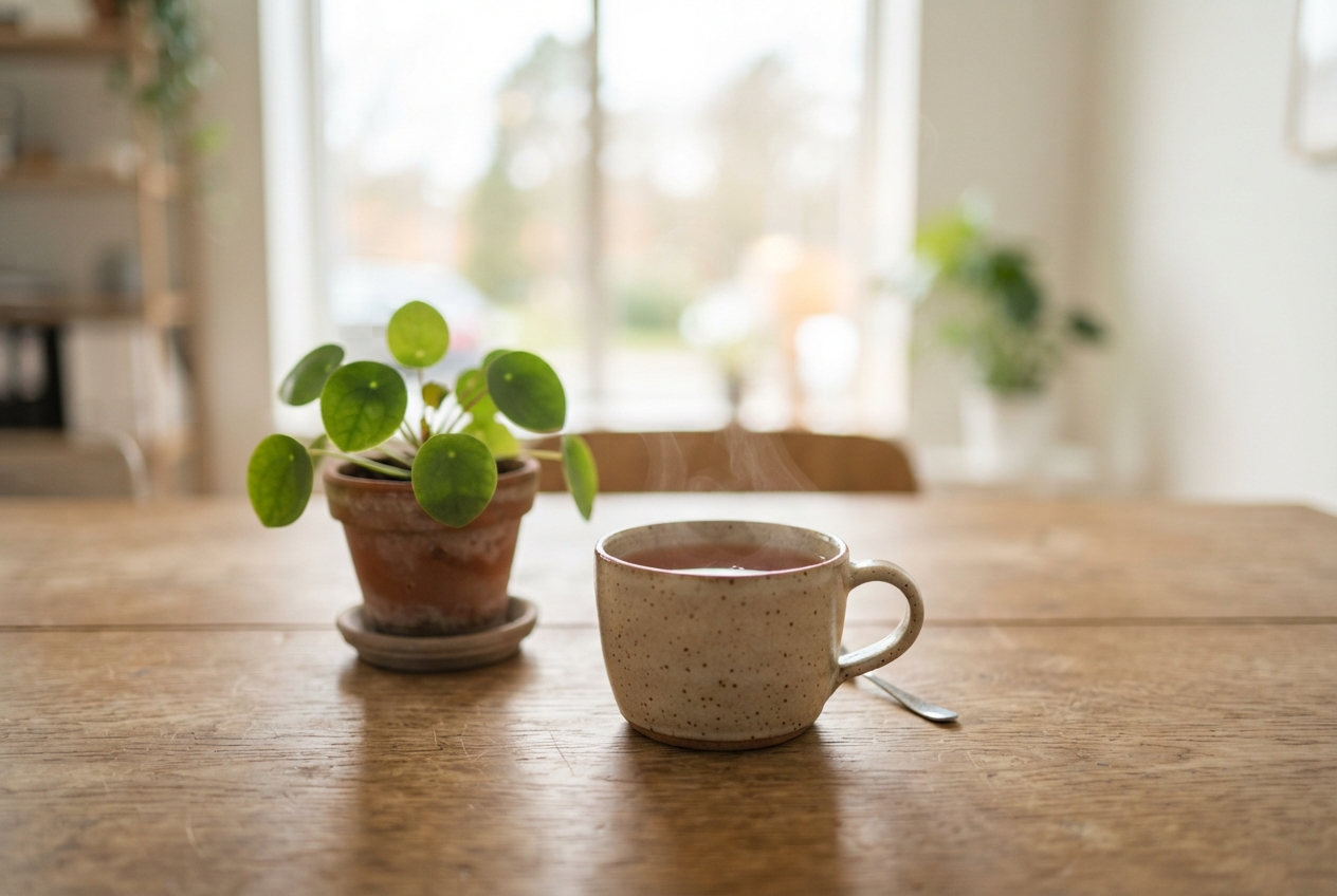En kopp med varm drikke og en plante på et trebord i et lyst rom med store vinduer.