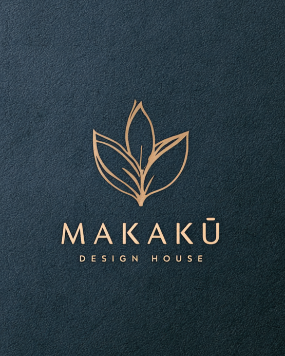 Logo for Makakū Design House featuring a minimalist leaf design in gold on a dark textured background.
