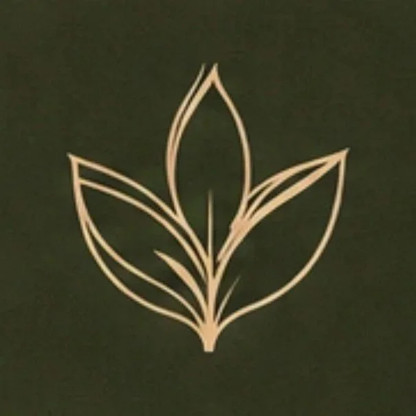 A beige line drawing of a stylized leaf on a dark green background.