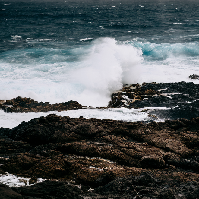 Ocean waves crashing against rocky shoreline during daytime.