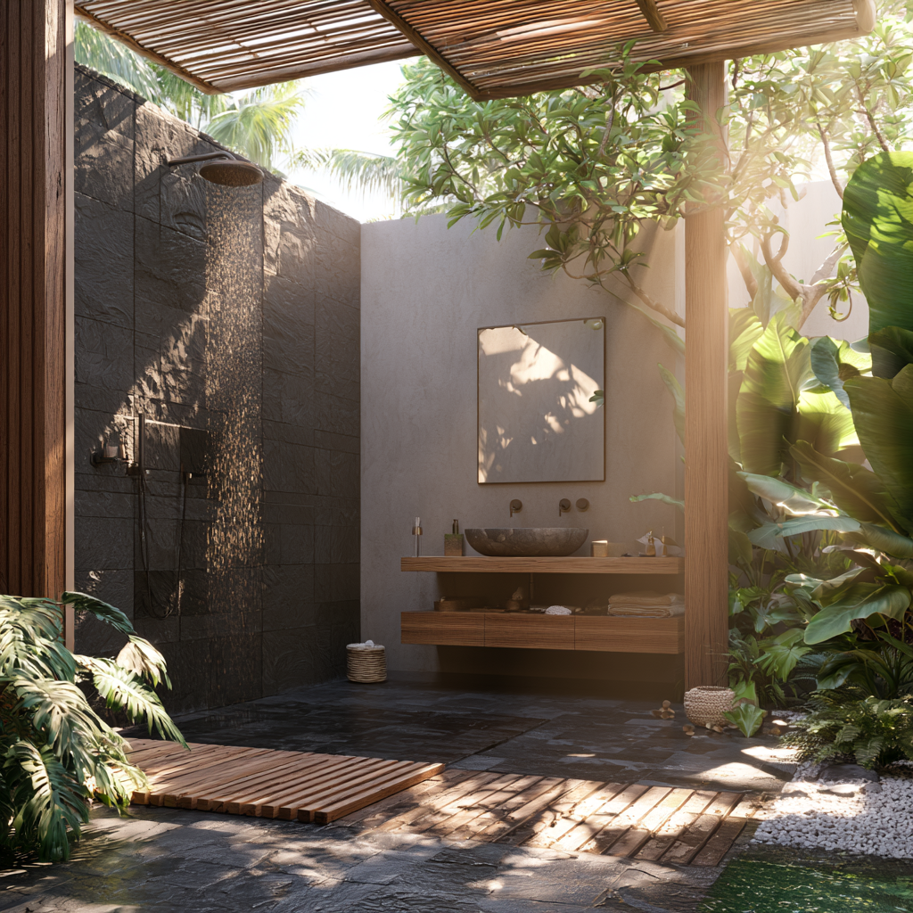 Outdoor shower area with rainfall showerhead, black stone wall, wooden vanity with vessel sink, mirror, and lush tropical plants.