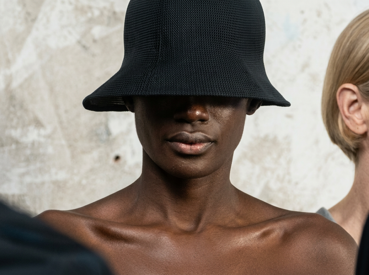 A woman with dark skin wearing a black bucket hat covering her eyes, with visible shoulders and a neutral facial expression.