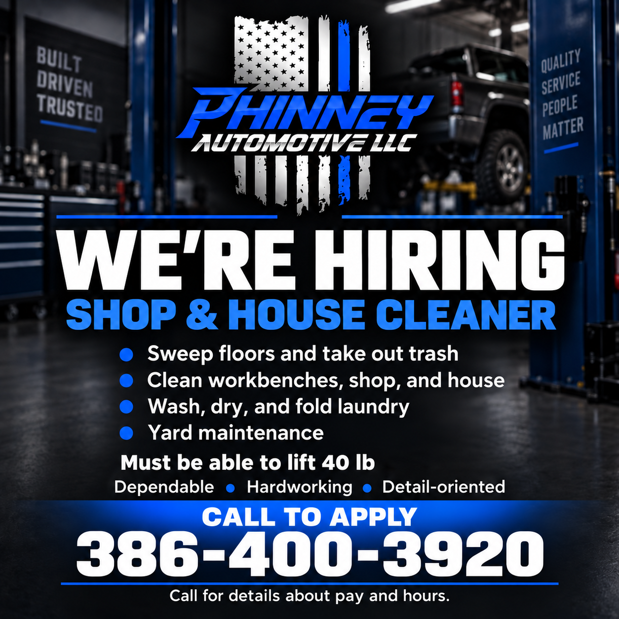 Phinney Automotive shop and house cleaner hiring flyer