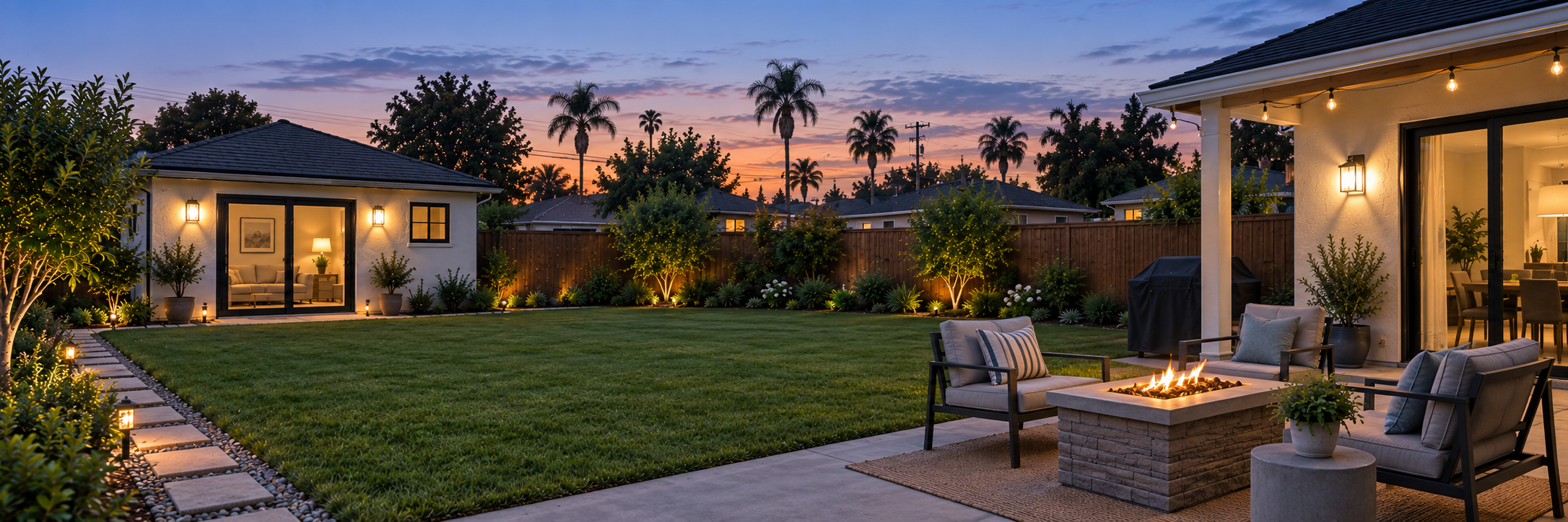 A backyard with a well-maintained lawn, patio furniture around a fire pit, potted plants, and outdoor lighting, with a small house and a larger house in the background during sunset.