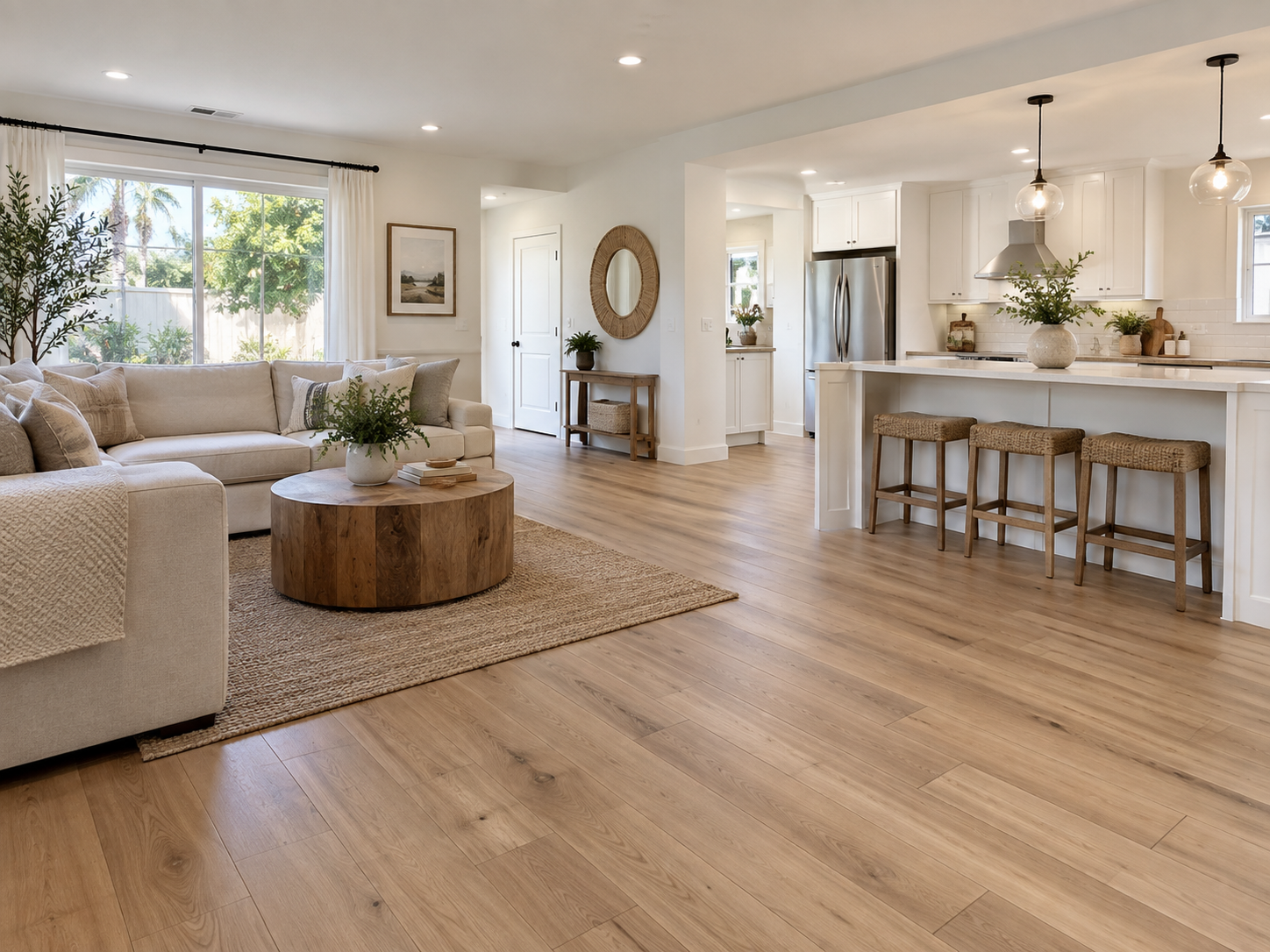 Bright, modern open-concept living room and kitchen with wooden floors, white walls, beige sectional sofa, round wooden coffee table, and kitchen island with three stools."
