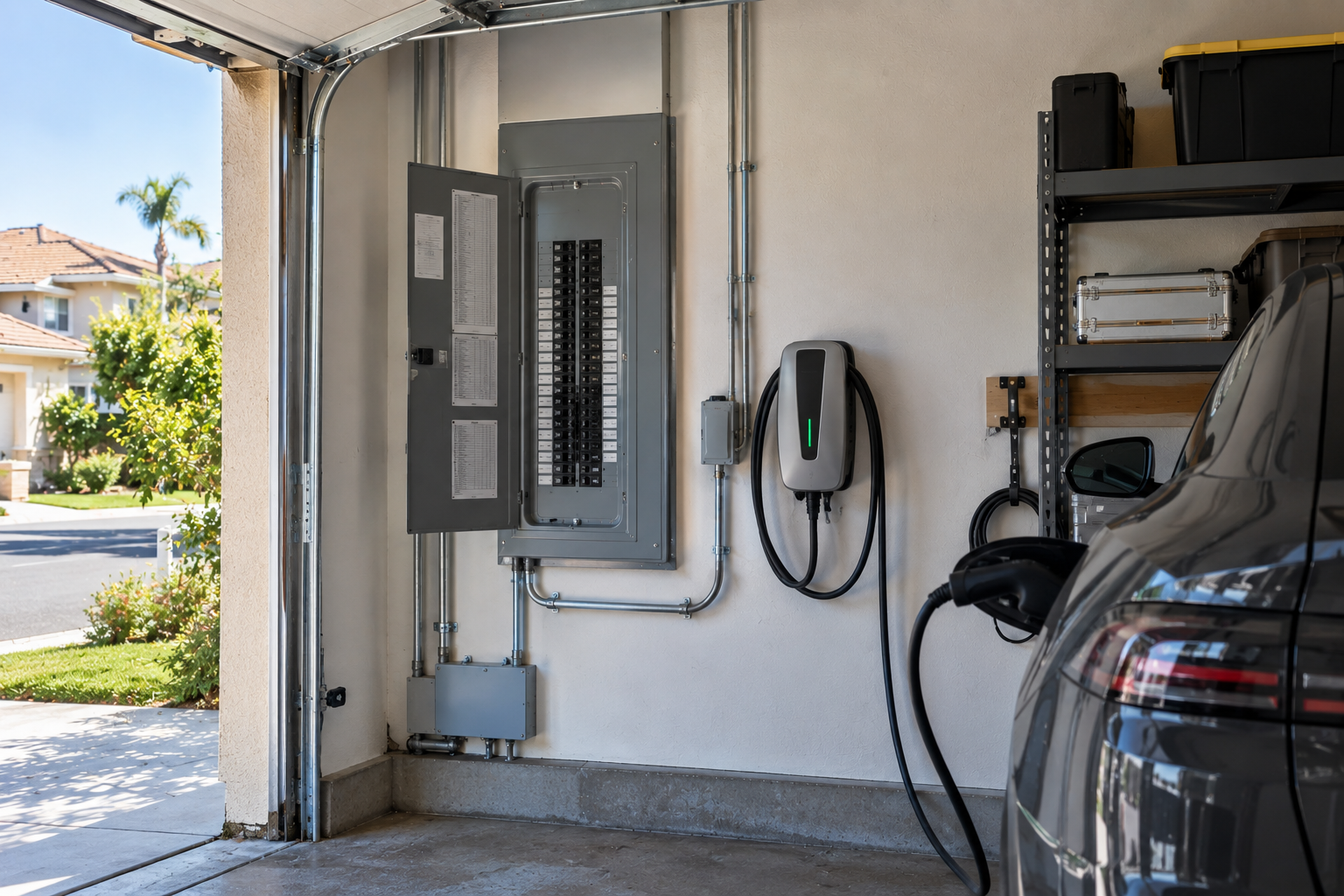 Residential electrical panel upgrade and Level 2 EV charger installation in a Southern California home garage