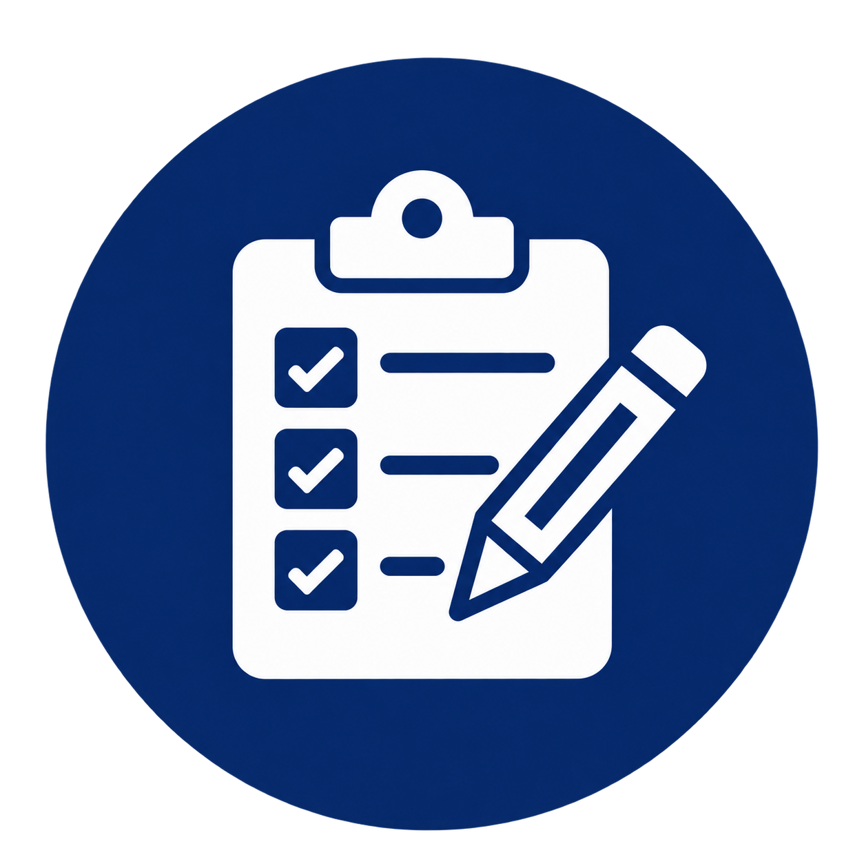 Icon of a clipboard with checkmarks and a pencil, representing a checklist or survey.