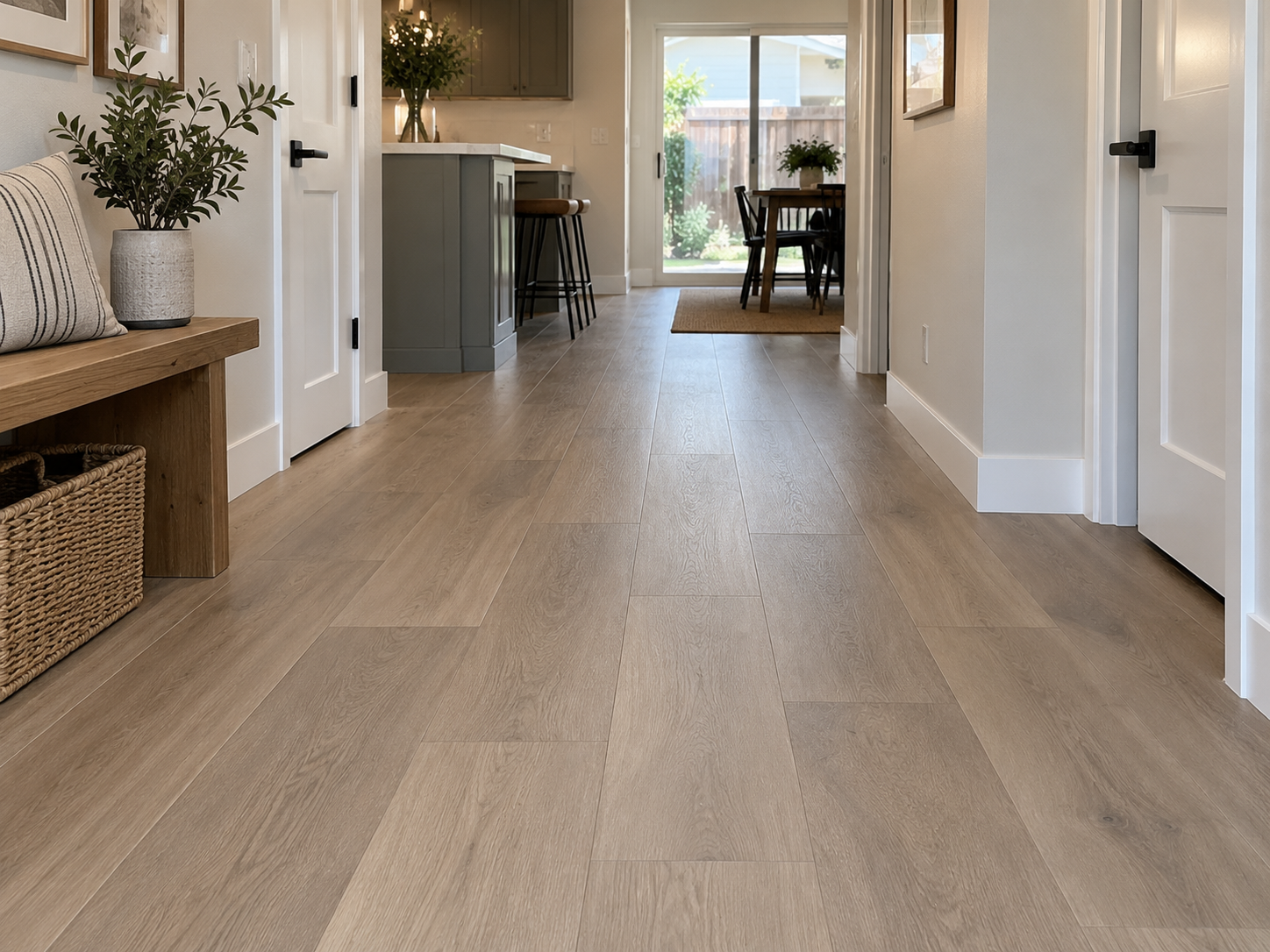 Updated wood-look flooring extending through the hallway and living areas of a Southern California home