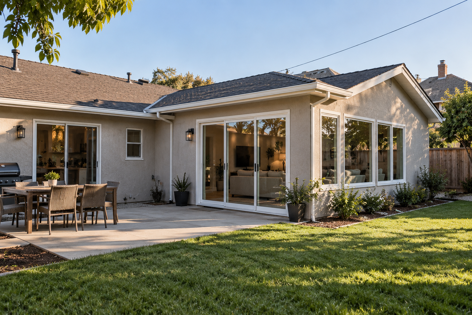 Completed room addition extending the living space of a Southern California home into the backyard