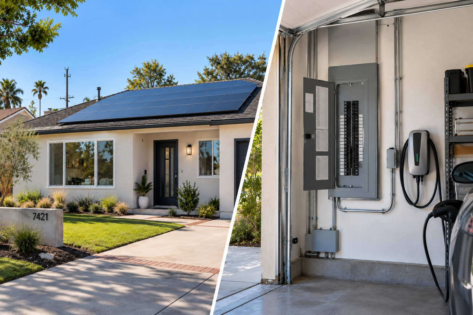 Southern California home with rooftop solar panels alongside an upgraded electrical panel and Level 2 EV charger in a residential garage.