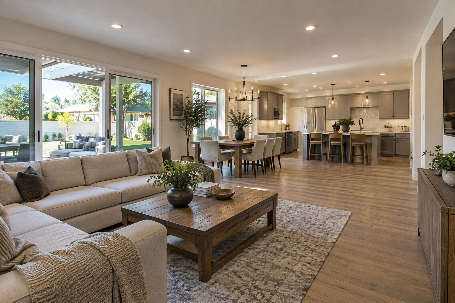 Completed whole-home remodel with coordinated kitchen, living, dining, flooring, and interior updates in a Southern California home