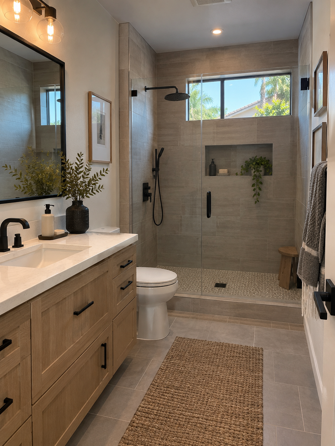 Completed bathroom remodel with walk-in shower, vanity, tile flooring, and modern fixtures in a Southern California home