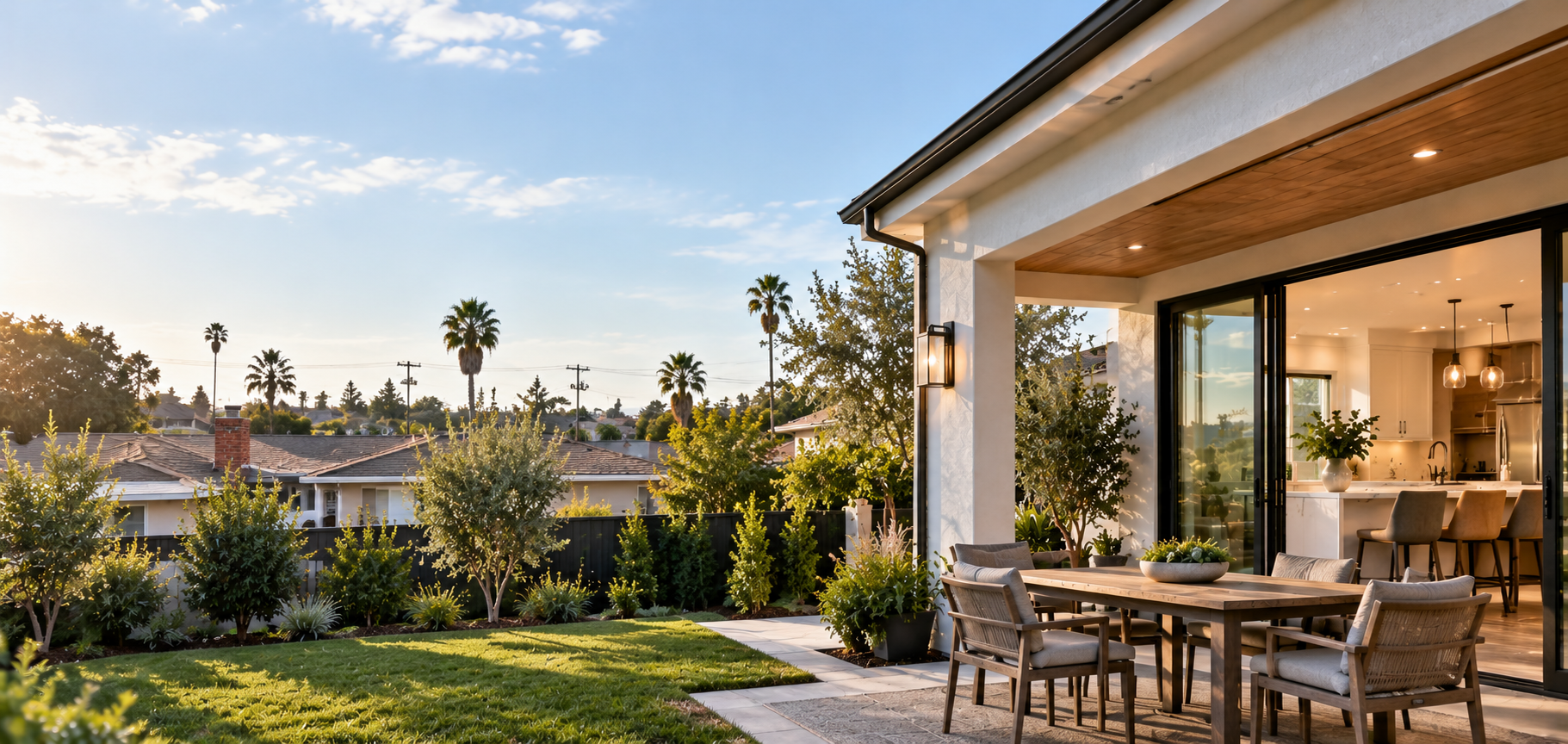 An outdoor patio with a wooden dining table and chairs, surrounded by plants and trees, with a view of neighboring houses and palm trees under a clear sky.