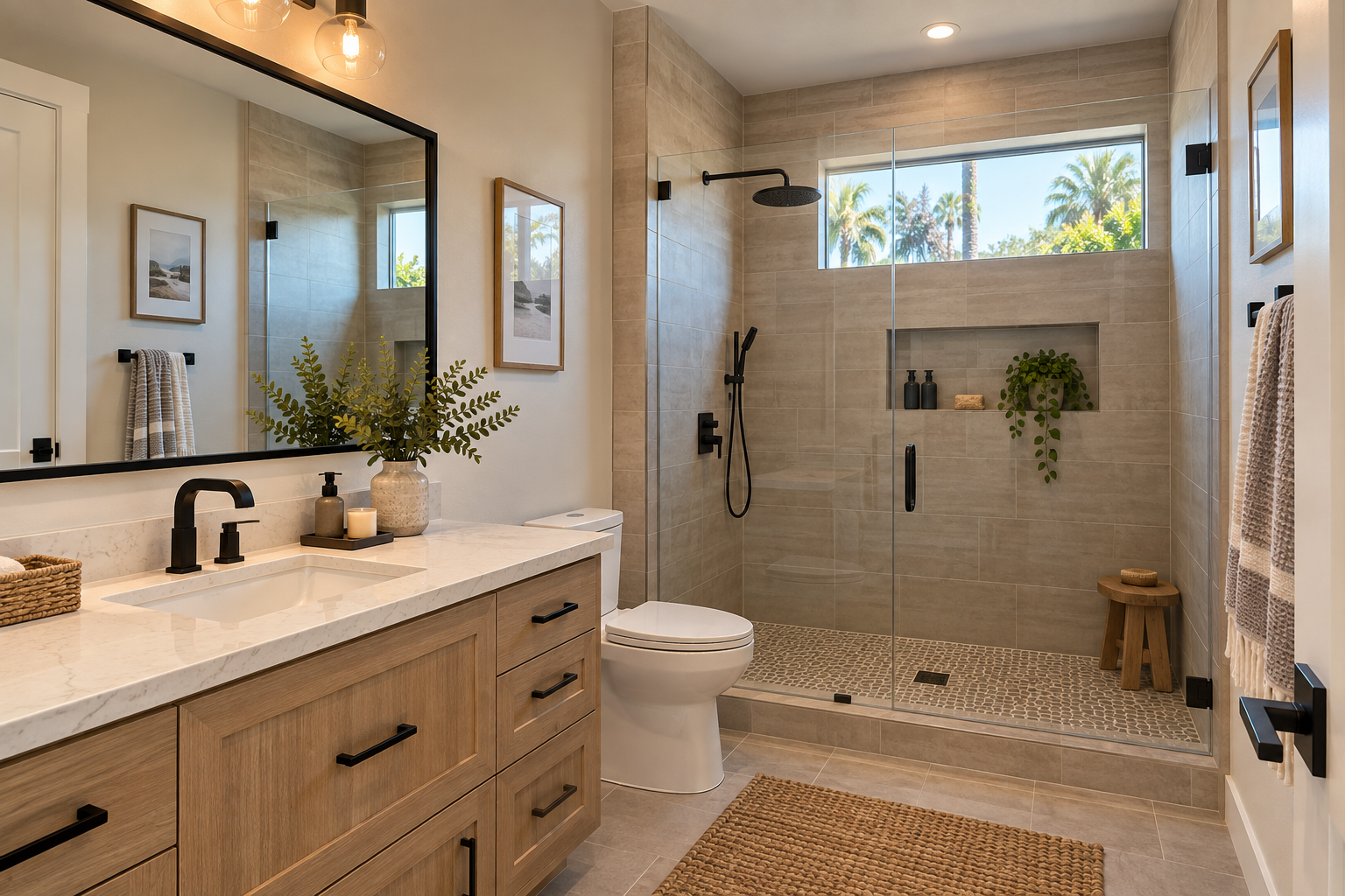 Completed bathroom remodel with walk-in shower, vanity, tile flooring, and modern fixtures in a Southern California home