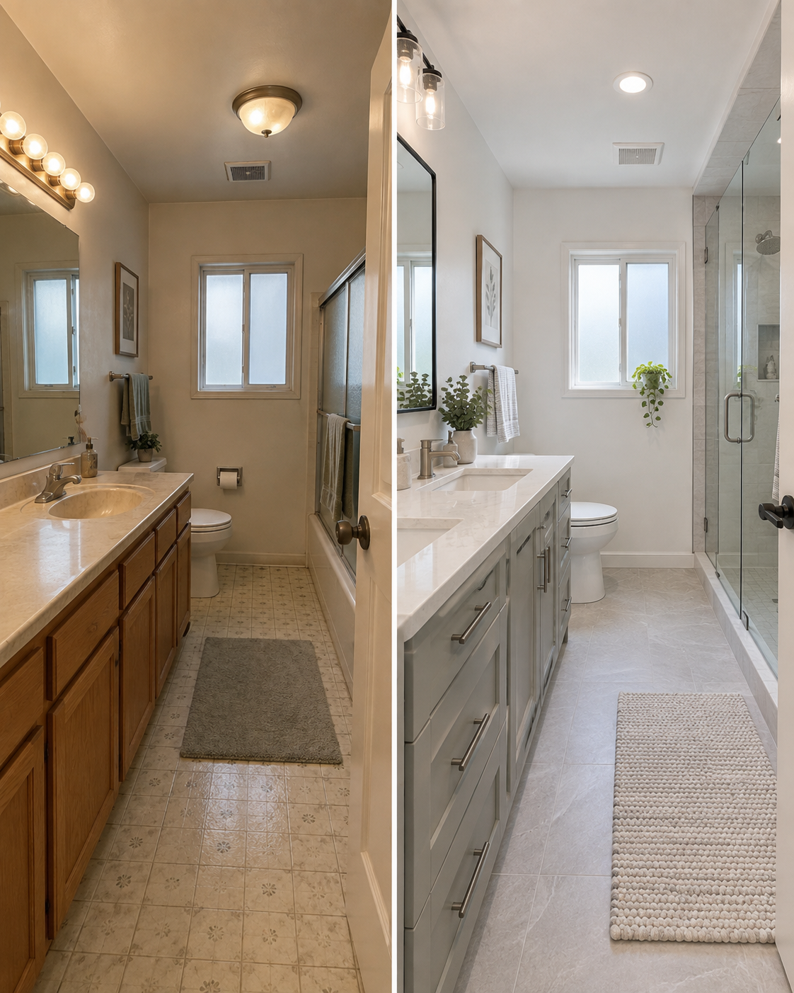 Comparison of two bathrooms, with the older bathroom on the left featuring a wooden vanity, beige countertop, and vintage tile floor, and the modern bathroom on the right with a light gray vanity, white countertop, glass shower enclosure, and updated fixtures.