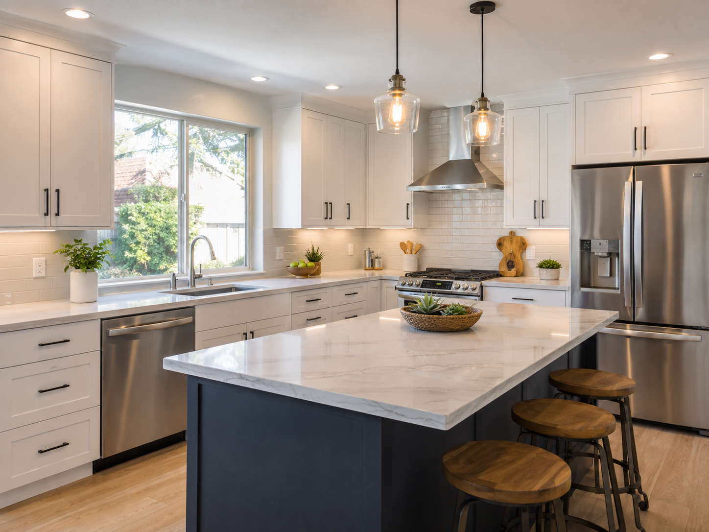 Modern kitchen with white cabinets, stainless steel appliances, a marble-top island, pendant lighting, a window above the sink, and decorative plants.