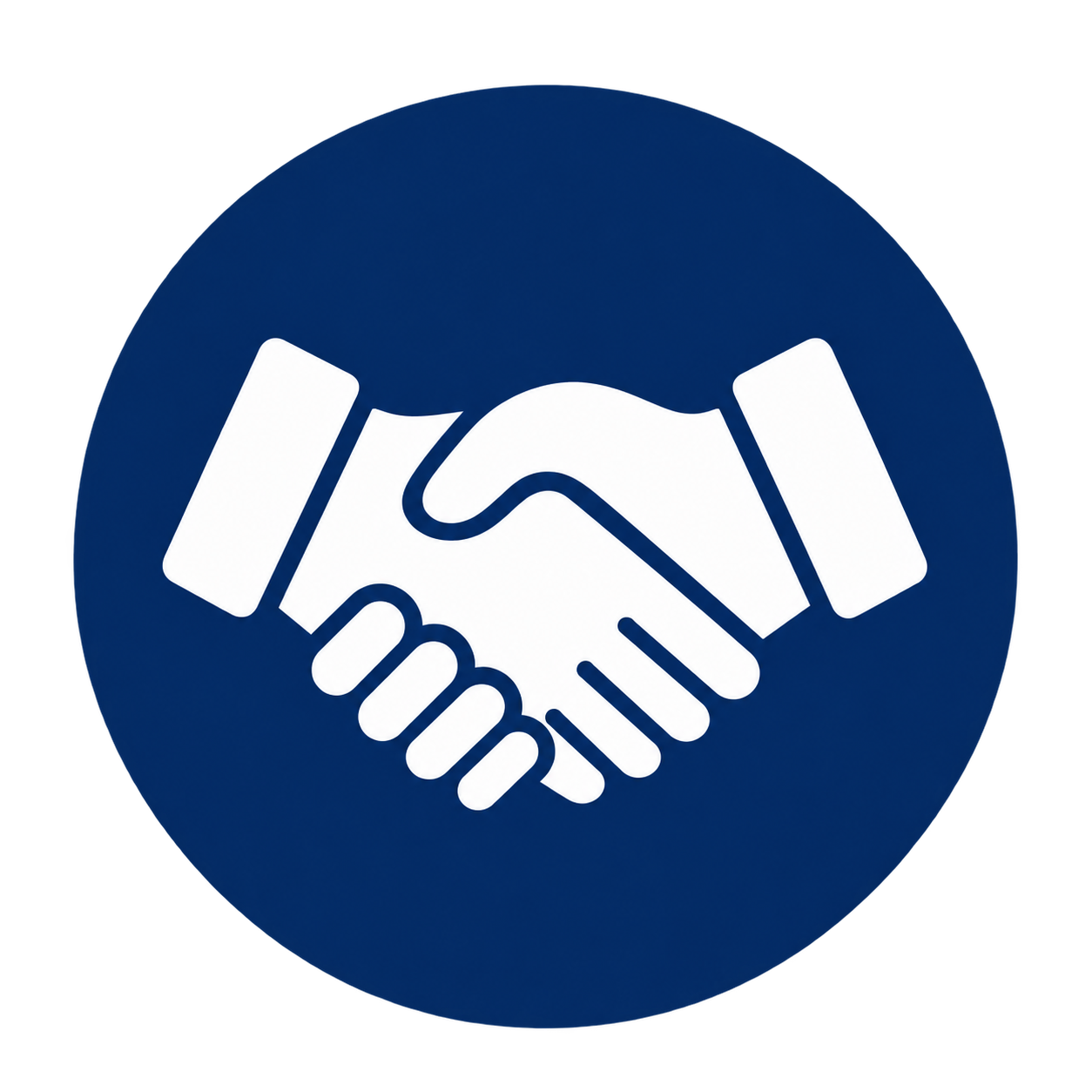 Icon of a handshake in white on a blue circular background, symbolizing agreement, cooperation, or partnership.