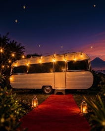 Vintage Mini Cine caravan decorated with string lights at dusk, with a red carpet leading to it and lanterns on either side, set in a scenic outdoor area.