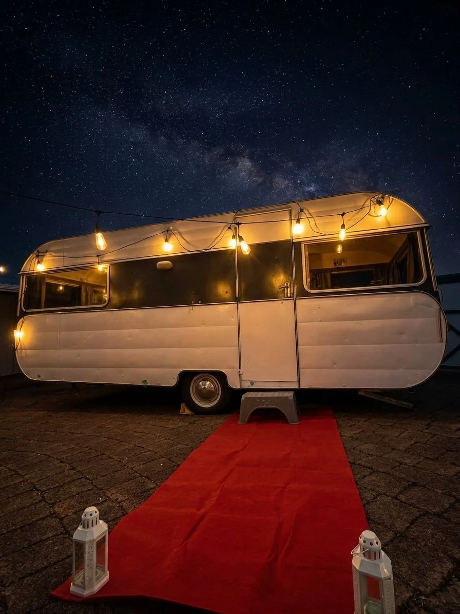The vintage Mini Cine caravan decorated with string lights, positioned under a starry night sky. A red carpet is laid out in front, flanked by two small lanterns.