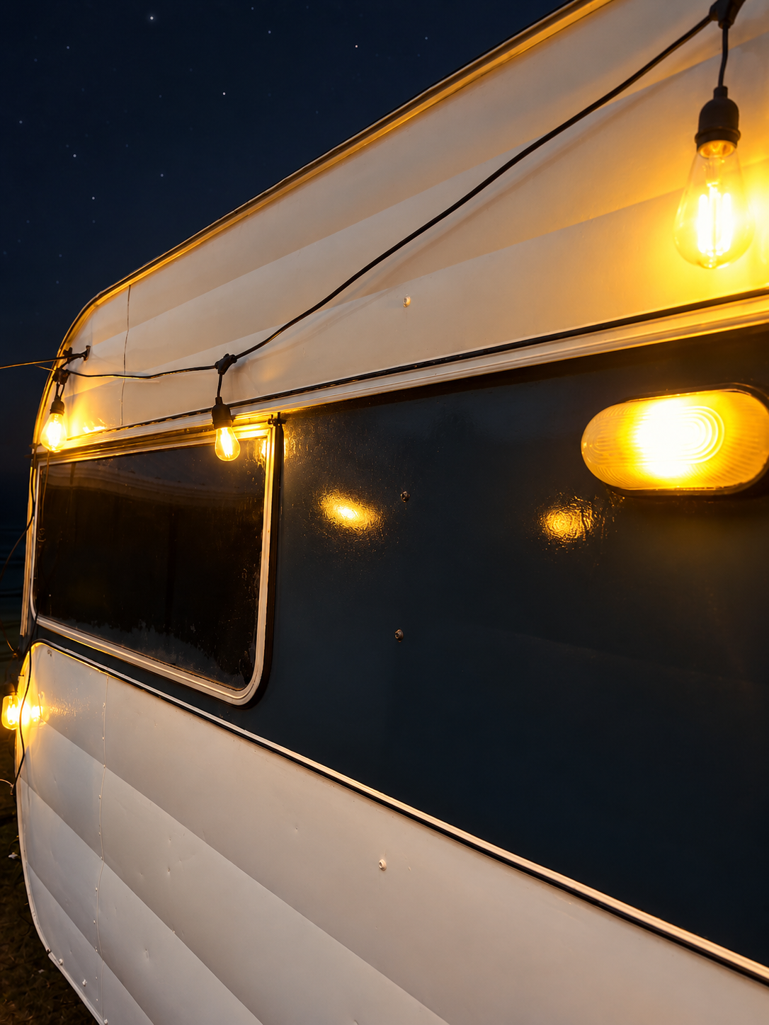 Close-up of a section of Mini Cine vintage caravan illuminated with yellow string lights, against a dark night sky with visible stars.